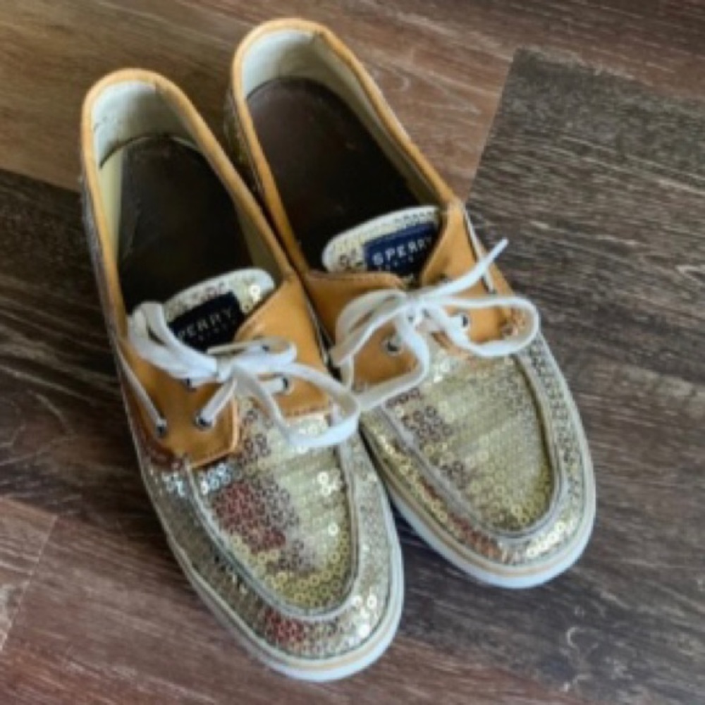 Sperrys Gold Sequined Boat Shoes Sz 10